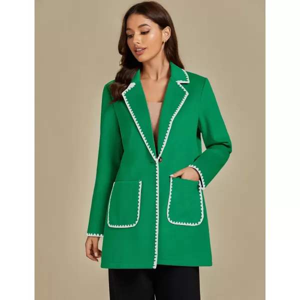 luvamia Pea Coats for Women Trendy Embroidered Contrast Trim Long Peacoat Jackets Lapel Button Winter Coat with PocketsGreen