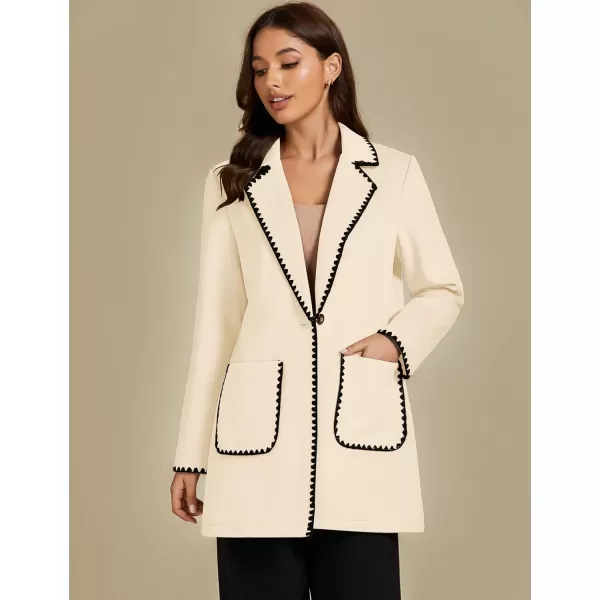 luvamia Pea Coats for Women Trendy Embroidered Contrast Trim Long Peacoat Jackets Lapel Button Winter Coat with PocketsLight Beige