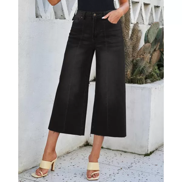 luvamia Wide Leg Capris Jeans for Women Trendy High Waisted Jean Capris Raw Hem Stretchy Denim Capri Cropped PantsBlack