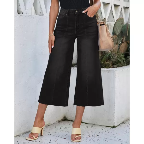 luvamia Wide Leg Capris Jeans for Women Trendy High Waisted Jean Capris Raw Hem Stretchy Denim Capri Cropped PantsBlack