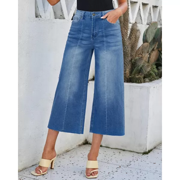 luvamia Wide Leg Capris Jeans for Women Trendy High Waisted Jean Capris Raw Hem Stretchy Denim Capri Cropped PantsClassic Blue