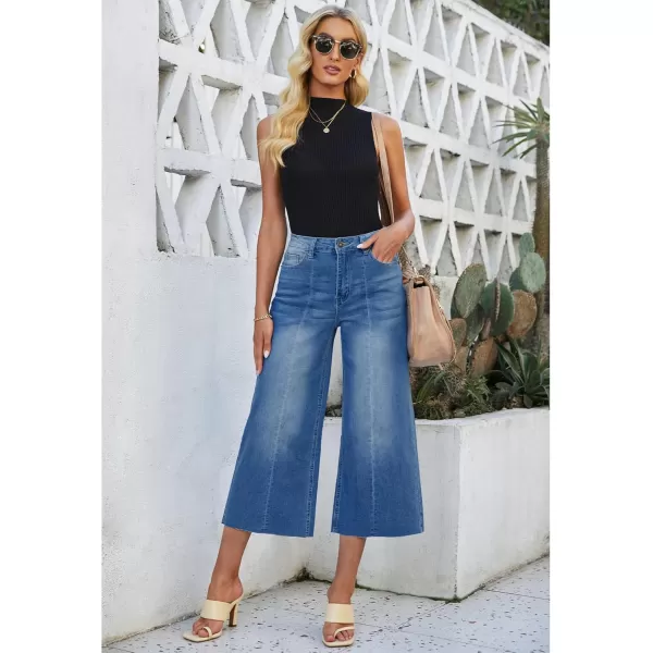 luvamia Wide Leg Capris Jeans for Women Trendy High Waisted Jean Capris Raw Hem Stretchy Denim Capri Cropped PantsClassic Blue