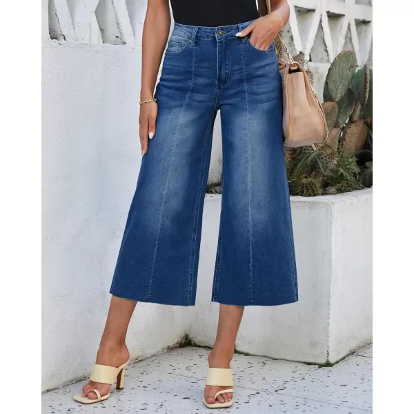 luvamia Wide Leg Capris Jeans for Women Trendy High Waisted Jean Capris Raw Hem Stretchy Denim Capri Cropped PantsCobalt Night Blue