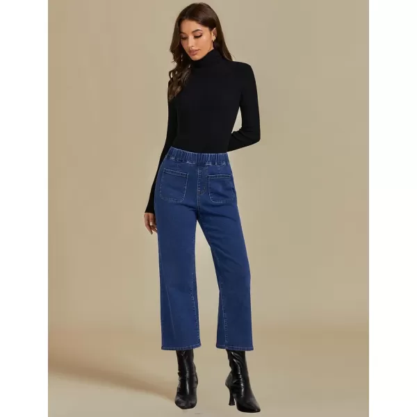 imageluvamia Wide Leg Jeans for Women Pull On Trendy High Waisted Cropped Jeans Denim Pants Stretchy Baggy with Patch PocketsClassic Blue