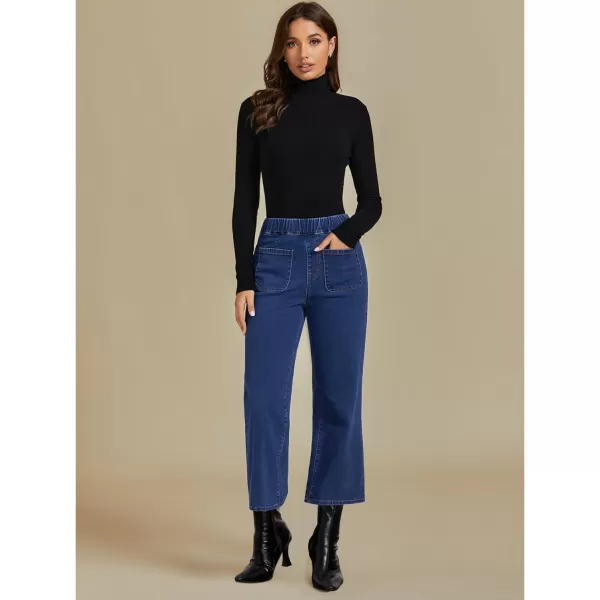 imageluvamia Wide Leg Jeans for Women Pull On Trendy High Waisted Cropped Jeans Denim Pants Stretchy Baggy with Patch PocketsClassic Blue