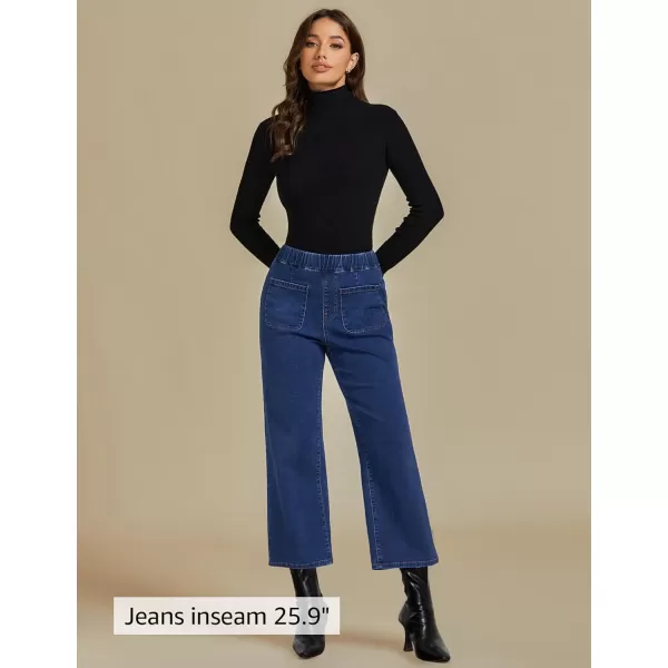 imageluvamia Wide Leg Jeans for Women Pull On Trendy High Waisted Cropped Jeans Denim Pants Stretchy Baggy with Patch PocketsClassic Blue