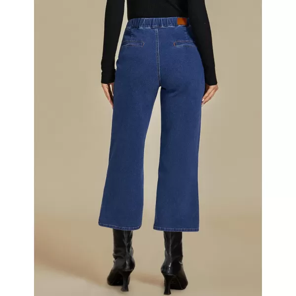 imageluvamia Wide Leg Jeans for Women Pull On Trendy High Waisted Cropped Jeans Denim Pants Stretchy Baggy with Patch PocketsClassic Blue