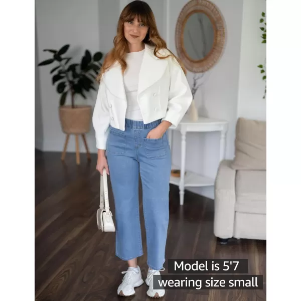 imageluvamia Wide Leg Jeans for Women Pull On Trendy High Waisted Cropped Jeans Denim Pants Stretchy Baggy with Patch PocketsRoadknight Blue