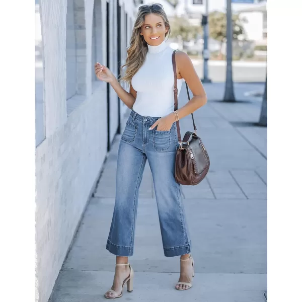 imageluvamia Wide Leg Jeans for Women Trendy High Waisted Flare Jeans Cropped Denim Pants Stretchy Baggy with Patch PocketsBlue Tides