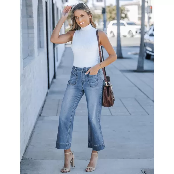 imageluvamia Wide Leg Jeans for Women Trendy High Waisted Flare Jeans Cropped Denim Pants Stretchy Baggy with Patch PocketsBlue Tides