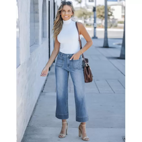 imageluvamia Wide Leg Jeans for Women Trendy High Waisted Flare Jeans Cropped Denim Pants Stretchy Baggy with Patch PocketsBlue Tides