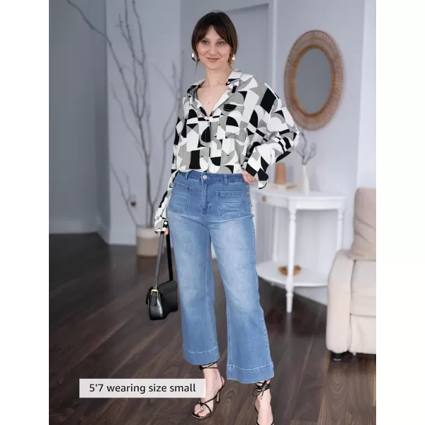 imageluvamia Wide Leg Jeans for Women Trendy High Waisted Flare Jeans Cropped Denim Pants Stretchy Baggy with Patch PocketsBlue Tides