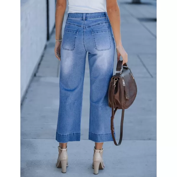 imageluvamia Wide Leg Jeans for Women Trendy High Waisted Flare Jeans Cropped Denim Pants Stretchy Baggy with Patch PocketsClassic Blue
