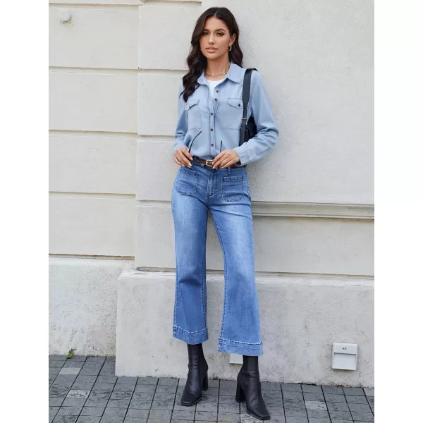 imageluvamia Wide Leg Jeans for Women Trendy High Waisted Flare Jeans Cropped Denim Pants Stretchy Baggy with Patch PocketsClassic Blue