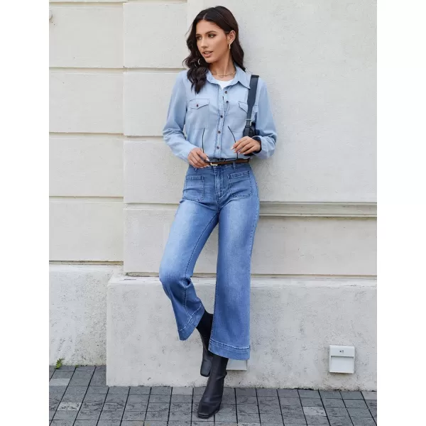 imageluvamia Wide Leg Jeans for Women Trendy High Waisted Flare Jeans Cropped Denim Pants Stretchy Baggy with Patch PocketsClassic Blue