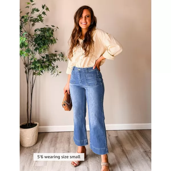 imageluvamia Wide Leg Jeans for Women Trendy High Waisted Flare Jeans Cropped Denim Pants Stretchy Baggy with Patch PocketsClassic Blue
