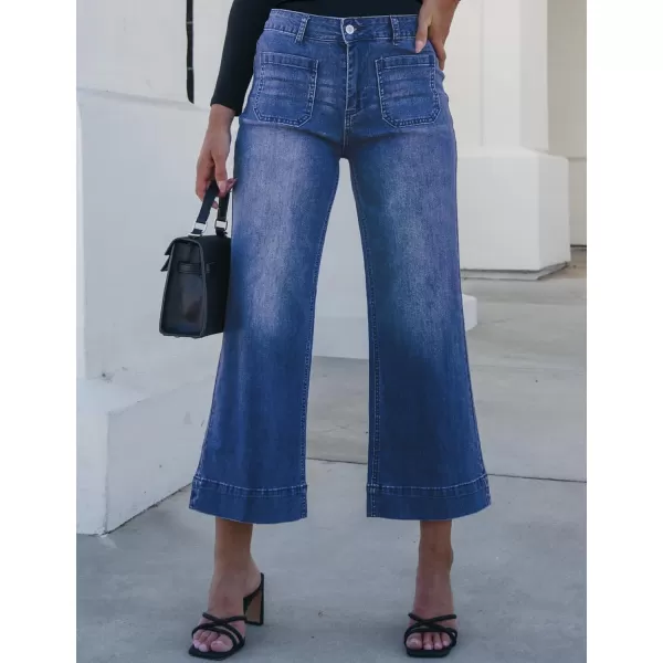 imageluvamia Wide Leg Jeans for Women Trendy High Waisted Flare Jeans Cropped Denim Pants Stretchy Baggy with Patch PocketsDarkness Blue