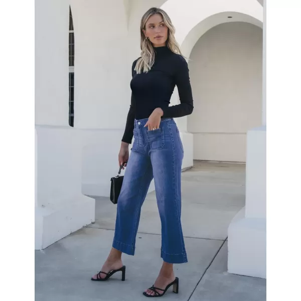 imageluvamia Wide Leg Jeans for Women Trendy High Waisted Flare Jeans Cropped Denim Pants Stretchy Baggy with Patch PocketsDarkness Blue