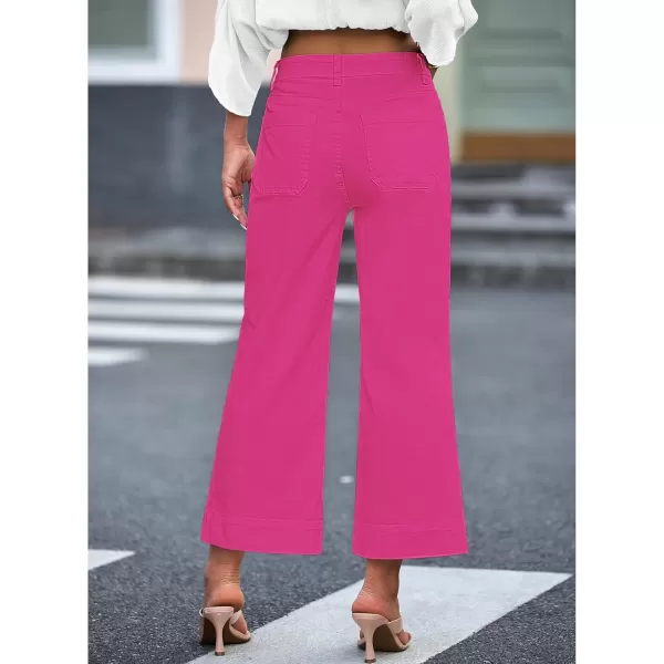 imageluvamia Wide Leg Jeans for Women Trendy High Waisted Flare Jeans Cropped Denim Pants Stretchy Baggy with Patch PocketsHot Pink