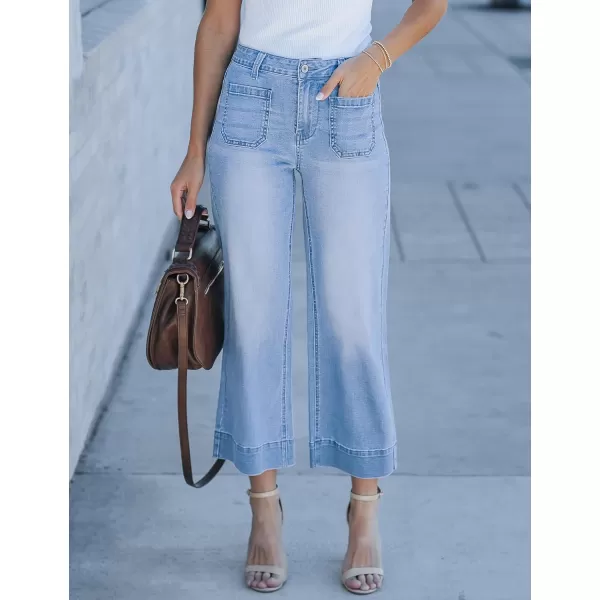 imageluvamia Wide Leg Jeans for Women Trendy High Waisted Flare Jeans Cropped Denim Pants Stretchy Baggy with Patch PocketsLakeside Blue