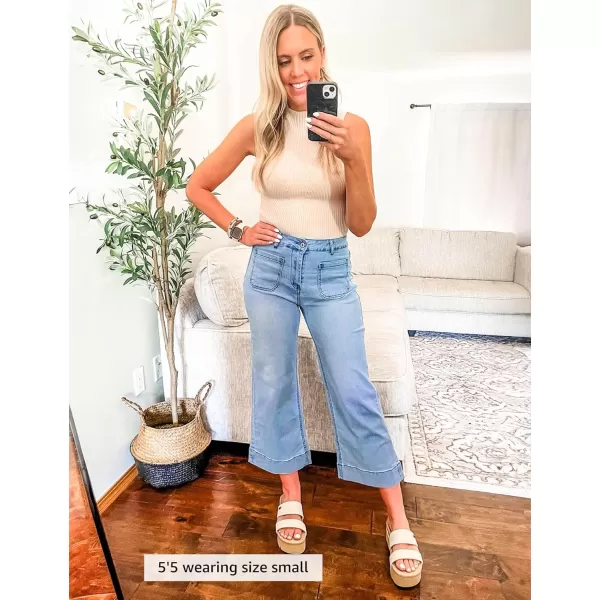 imageluvamia Wide Leg Jeans for Women Trendy High Waisted Flare Jeans Cropped Denim Pants Stretchy Baggy with Patch PocketsLakeside Blue