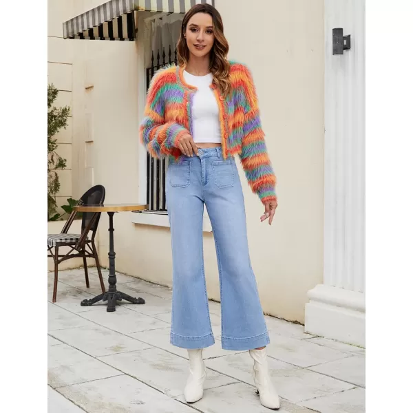 imageluvamia Wide Leg Jeans for Women Trendy High Waisted Flare Jeans Cropped Denim Pants Stretchy Baggy with Patch PocketsLakeside Blue