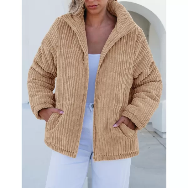 luvamia Winter Jacket Coats for Women Corduroy Puffer Quilted Jackets Warm Long Sleeves Stand Collar Pockets Zip Up CoatBeige