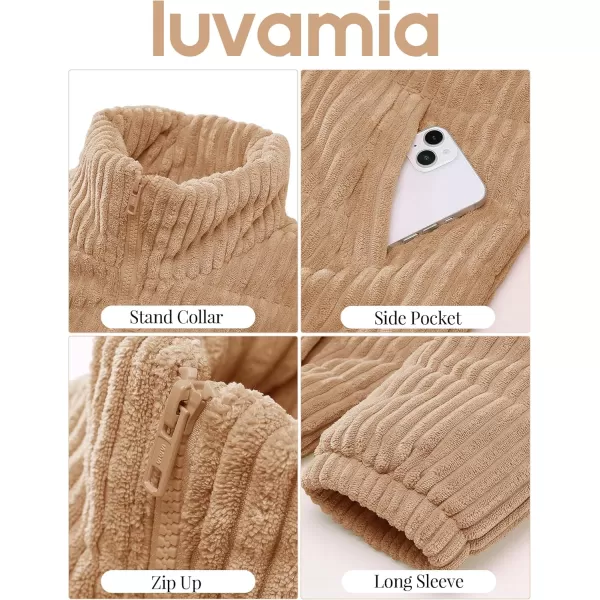 luvamia Winter Jacket Coats for Women Corduroy Puffer Quilted Jackets Warm Long Sleeves Stand Collar Pockets Zip Up CoatBeige