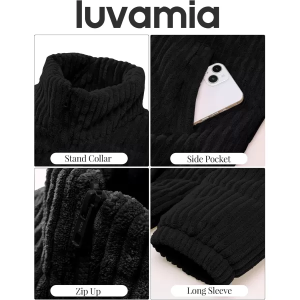 luvamia Winter Jacket Coats for Women Corduroy Puffer Quilted Jackets Warm Long Sleeves Stand Collar Pockets Zip Up CoatBlack