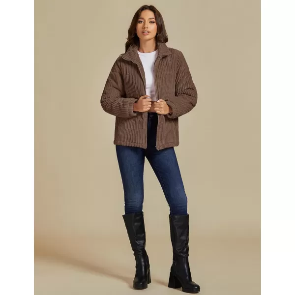 luvamia Winter Jacket Coats for Women Corduroy Puffer Quilted Jackets Warm Long Sleeves Stand Collar Pockets Zip Up CoatBrown