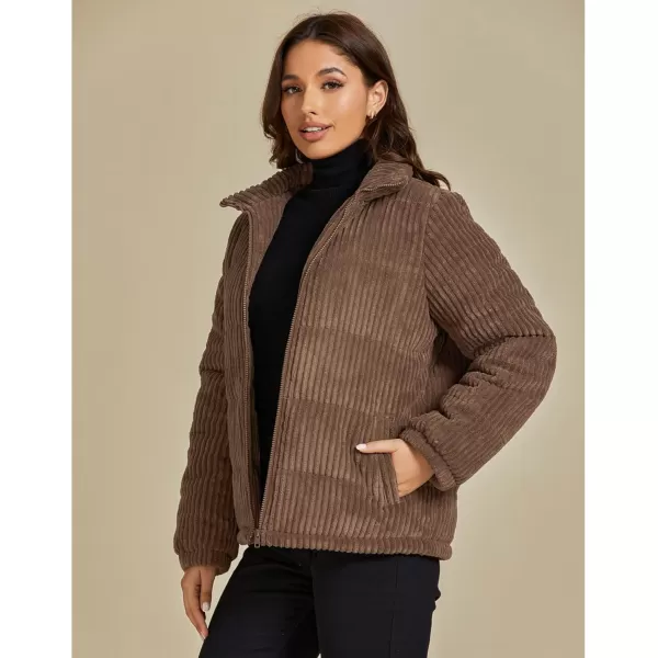 luvamia Winter Jacket Coats for Women Corduroy Puffer Quilted Jackets Warm Long Sleeves Stand Collar Pockets Zip Up CoatBrown