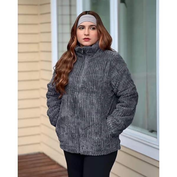 luvamia Winter Jacket Coats for Women Corduroy Puffer Quilted Jackets Warm Long Sleeves Stand Collar Pockets Zip Up CoatDark Gray