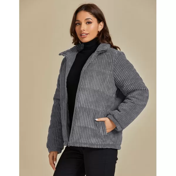 luvamia Winter Jacket Coats for Women Corduroy Puffer Quilted Jackets Warm Long Sleeves Stand Collar Pockets Zip Up CoatDark Gray