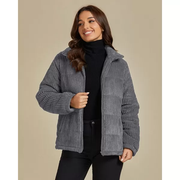 luvamia Winter Jacket Coats for Women Corduroy Puffer Quilted Jackets Warm Long Sleeves Stand Collar Pockets Zip Up CoatDark Gray