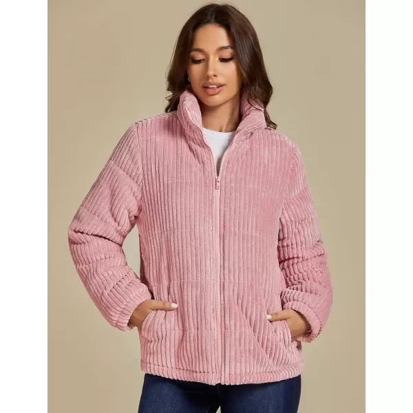 luvamia Winter Jacket Coats for Women Corduroy Puffer Quilted Jackets Warm Long Sleeves Stand Collar Pockets Zip Up CoatPink