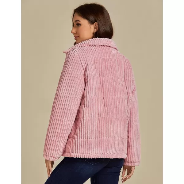 luvamia Winter Jacket Coats for Women Corduroy Puffer Quilted Jackets Warm Long Sleeves Stand Collar Pockets Zip Up CoatPink