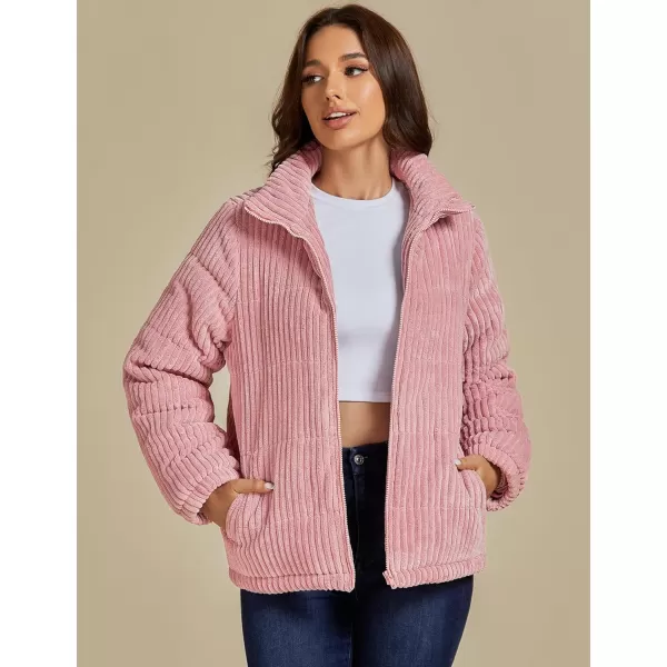 luvamia Winter Jacket Coats for Women Corduroy Puffer Quilted Jackets Warm Long Sleeves Stand Collar Pockets Zip Up CoatPink