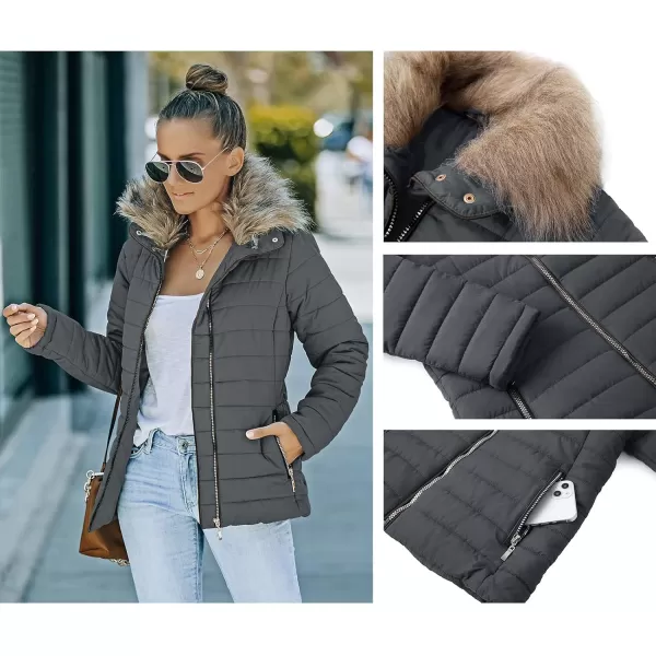 luvamia Women Casual Warm Winter Faux Fur Quilted Parka Lapel Zip Jacket Puffer CoatC Odyssey Grey With Fur Lapel