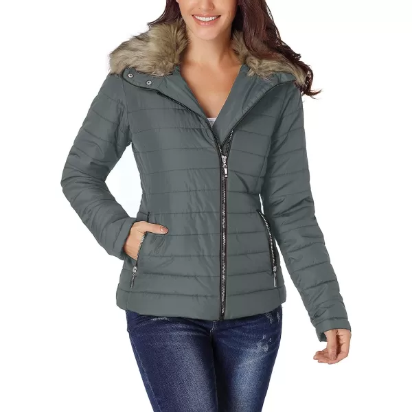 luvamia Women Casual Warm Winter Faux Fur Quilted Parka Lapel Zip Jacket Puffer CoatC Odyssey Grey With Fur Lapel