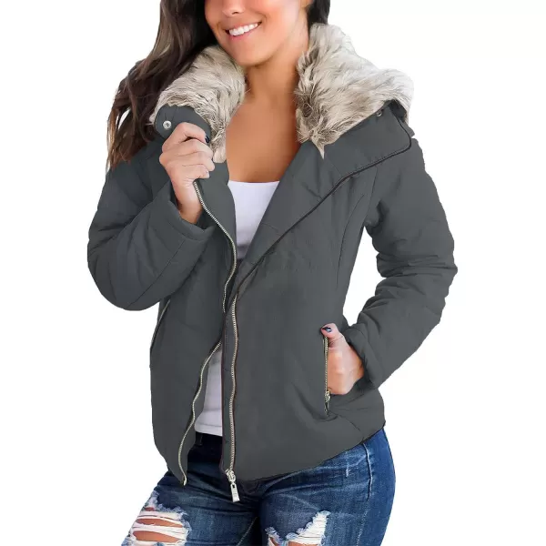 luvamia Women Casual Warm Winter Faux Fur Quilted Parka Lapel Zip Jacket Puffer CoatC Odyssey Grey With Fur Lapel
