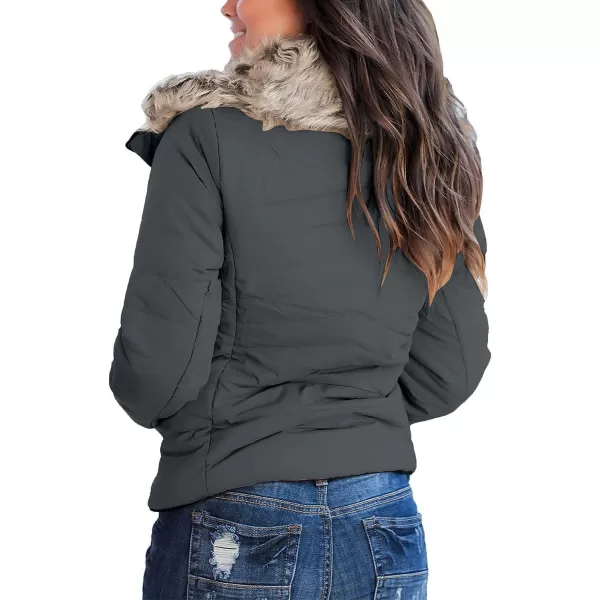 luvamia Women Casual Warm Winter Faux Fur Quilted Parka Lapel Zip Jacket Puffer CoatC Odyssey Grey With Fur Lapel