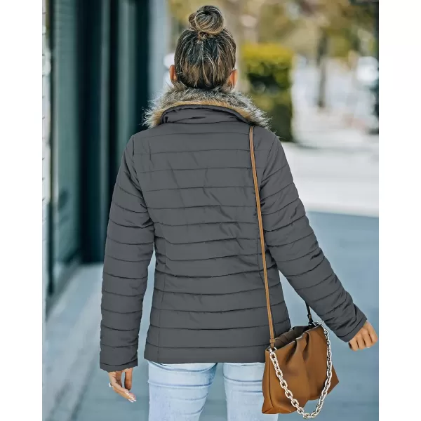 luvamia Women Casual Warm Winter Faux Fur Quilted Parka Lapel Zip Jacket Puffer CoatC Odyssey Grey With Fur Lapel