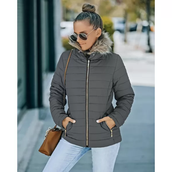 luvamia Women Casual Warm Winter Faux Fur Quilted Parka Lapel Zip Jacket Puffer CoatC Odyssey Grey With Fur Lapel