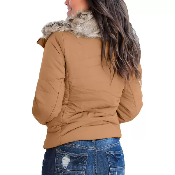 luvamia Women Casual Warm Winter Faux Fur Quilted Parka Lapel Zip Jacket Puffer CoatD Almond Brown With Fur Lapel