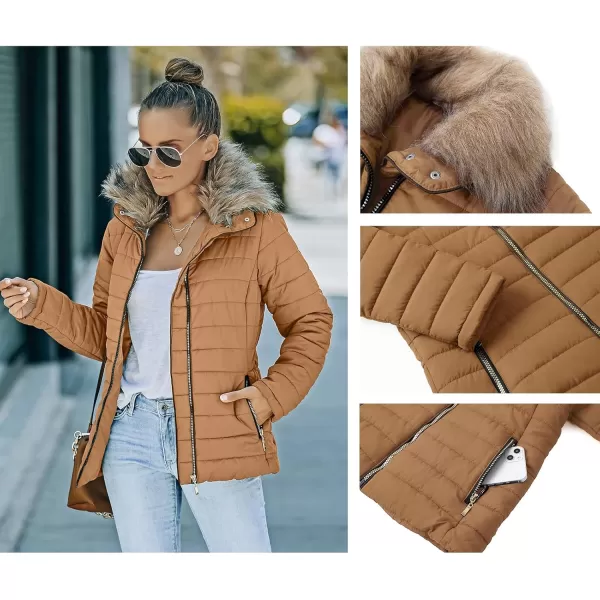 luvamia Women Casual Warm Winter Faux Fur Quilted Parka Lapel Zip Jacket Puffer CoatD Almond Brown With Fur Lapel