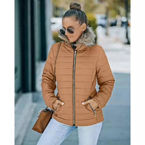 luvamia Women Casual Warm Winter Faux Fur Quilted Parka Lapel Zip Jacket Puffer CoatD Almond Brown With Fur Lapel