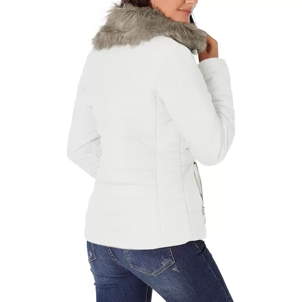 luvamia Women Casual Warm Winter Faux Fur Quilted Parka Lapel Zip Jacket Puffer CoatD Brilliant White With Fur Lapel