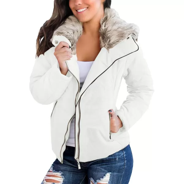 luvamia Women Casual Warm Winter Faux Fur Quilted Parka Lapel Zip Jacket Puffer CoatD Brilliant White With Fur Lapel