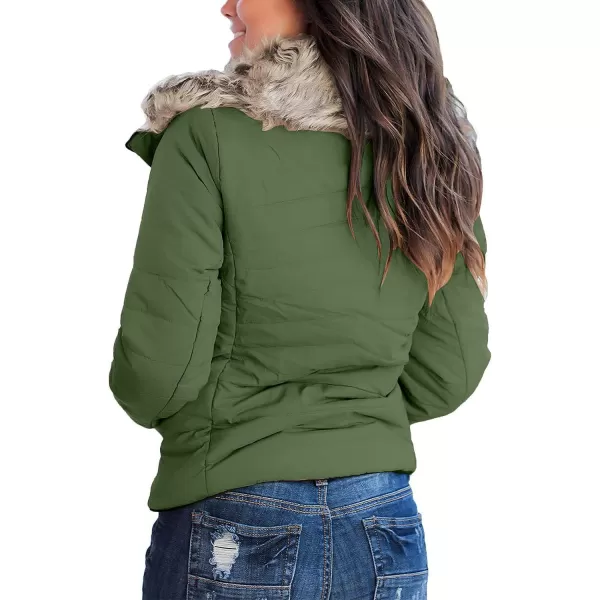 luvamia Women Casual Warm Winter Faux Fur Quilted Parka Lapel Zip Jacket Puffer CoatD Broute Green With Fur Lapel