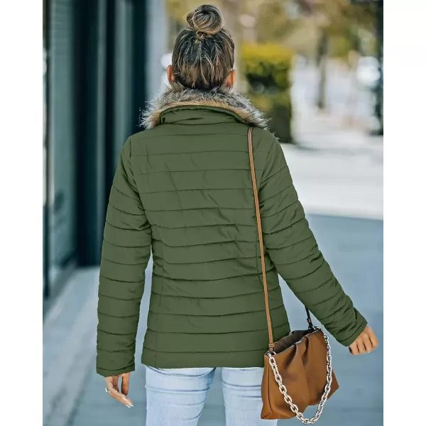 luvamia Women Casual Warm Winter Faux Fur Quilted Parka Lapel Zip Jacket Puffer CoatD Broute Green With Fur Lapel